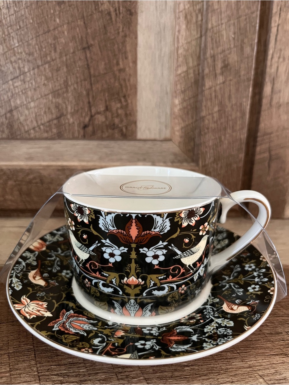 Grace Teaware Black Chintz Floral Bird Teacup & Saucer Set Fine Porcelain